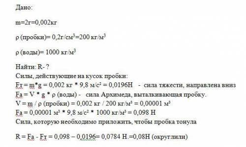 Какая сила потребуется для полного погружения в воду пробки массой 2г? плотность пробки 0,2г/см3.