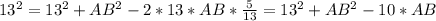 13^2=13^2+AB^2-2*13*AB* \frac{5}{13} =13^2+AB^2-10*AB