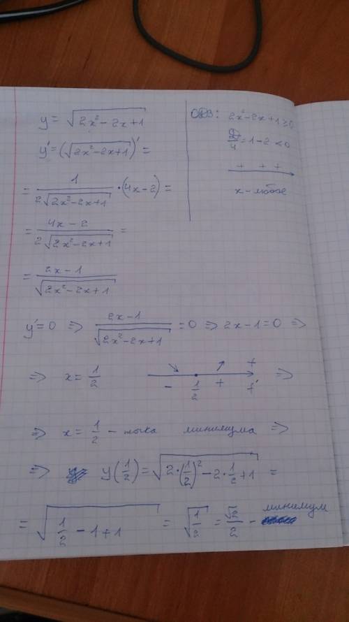 Найдите наибольшее и наименьшее значение функции: y=корень из 2x^2-2x+1