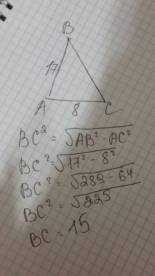 Упрямоугольного треугольника гипотенуза и катет соответственно равны 17 и 8. найдите второй катет. с
