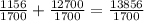 \frac{1156}{1700} + \frac{12700}{1700} = \frac{13856}{1700}