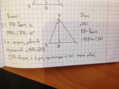 7класс в треугольнике abc проведена высота bd известно что угол abd равен углы cbd докажите что треу