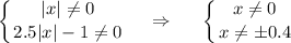 \displaystyle \left \{ {{|x|\ne0} \atop {2.5|x|-1\ne0}} \right. ~~~\Rightarrow~~~~ \left \{ {{x\ne 0} \atop {x\ne \pm0.4}} \right.