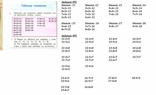 Найди по таблице все поимеры с ответом.11,12,13,14,15,16,17,18. по каждому примеру на сложение соста