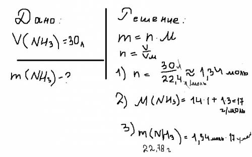 Найдите массу 30 л аммиака nh3 при нормальных условиях