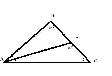 Втреугольнике abc проведена биссектриса al, угол alc равен 102, угол abc равен 96. найдите угол ac
