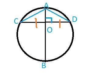 Вокружности проведены диаметр ав и хорда сd, перпендикулярная диаметру. докажите, что треугольники a