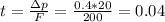 t= \frac{\Delta p}{F} = \frac{0.4*20}{200} =0.04