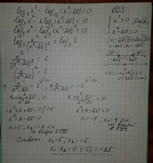 Найдите произведение корней ( или корень , если он единственный) уравнения log3x2-log√3( x2 -20)=0