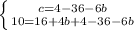 \left \{ {{c=4-36-6b} \atop {10=16+4b+4-36-6b}} \right.