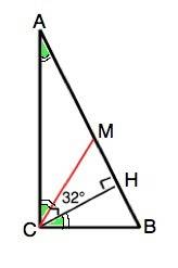 Впрямоугольном треугольнике угол между высотой и медианой, проведенными из вершины прямого угла, рав