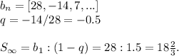 b_n=[28, -14, 7, ...]\\q=-14/28=-0.5\\\\S_{\infty}=b_1:(1-q)=28:1.5=18 \frac{2}{3} .