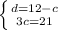 \left \{d=12-c} \atop {3c=21} \right.