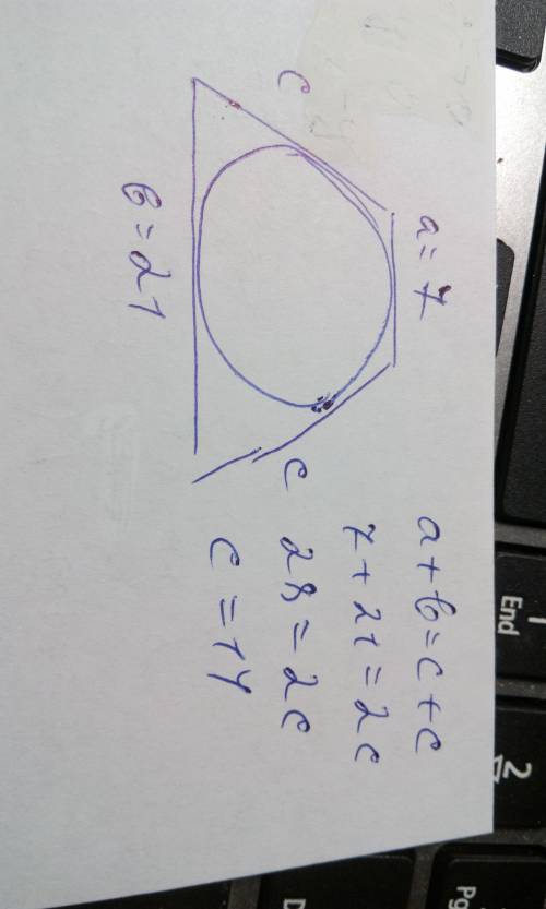 Основания трапеции равны 7см и 21 см найдите боковые стороны трапеции ,если радиус вписанной окружно