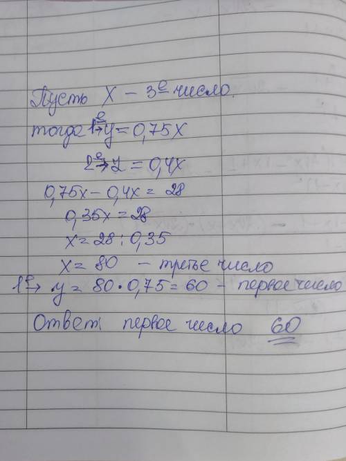 Первое число составляет 75% 3 числа а второй 40% 3 числа найдите первое число если известно что оно