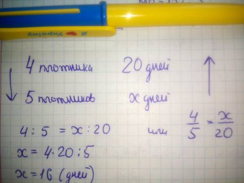 4плотника построили дом за 20 дней. за сколько дней построят 5 плотника с такой же производительност