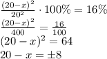 \frac{(20-x)^2}{20^2} \cdot100\%=16\%\\ \frac{(20-x)^2}{400}= \frac{16}{100}\\ (20-x)^2=64\\ 20-x=\б8