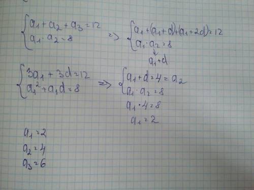 Сумма трех чисел составляющих арифметическую прогресию равна 12 а произведение первого и второго рав