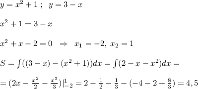 y=x^2+1\; ;\; \; y=3-x\\\\x^2+1=3-x\\\\x^2+x-2=0\; \; \Rightarrow \; \; x_1=-2,\; x_2=1\\\\S=\int ((3-x)-(x^2+1))dx=\int (2-x-x^2)dx=\\\\=(2x-\frac{x^2}{2}-\frac{x^3}{3})|_{-2}^1=2-\frac{1}{2}-\frac{1}{3}-(-4-2+\frac{8}{3})=4,5