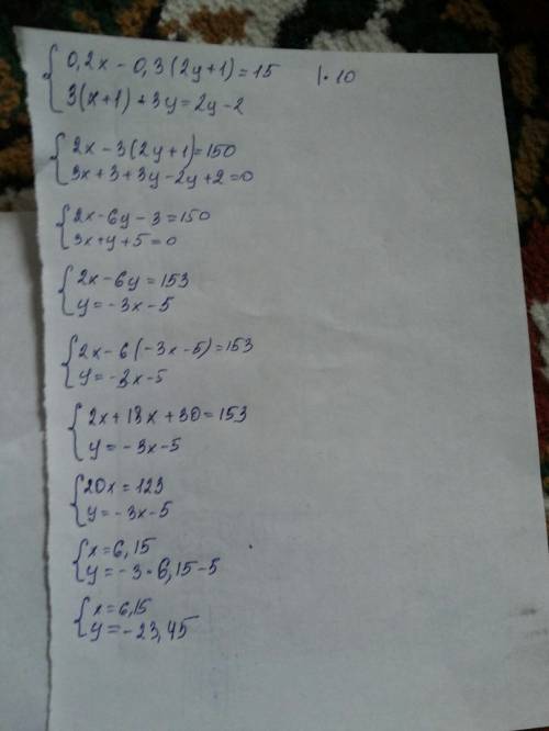 Решите систему уравнений {0.2x-0.3(2y+1)=15; 3(x+1)+3y=2y-2