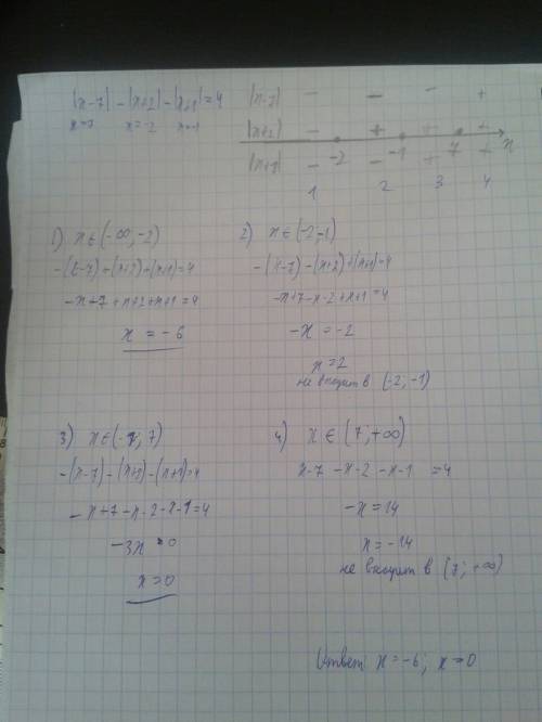 |x-7|-|x+2|-|x+1i=4 решите метод интервалов по модулю, заранее )