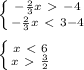 \left \{ {{- \frac{2}{3} x\ \textgreater \ -4} \atop {- \frac{2}{3} x\ \textless \ 3-4}} \right. \\ \\\left \{ {{x\ \textless \ 6} \atop {x\ \textgreater \ \frac{3}{2}}} \right.