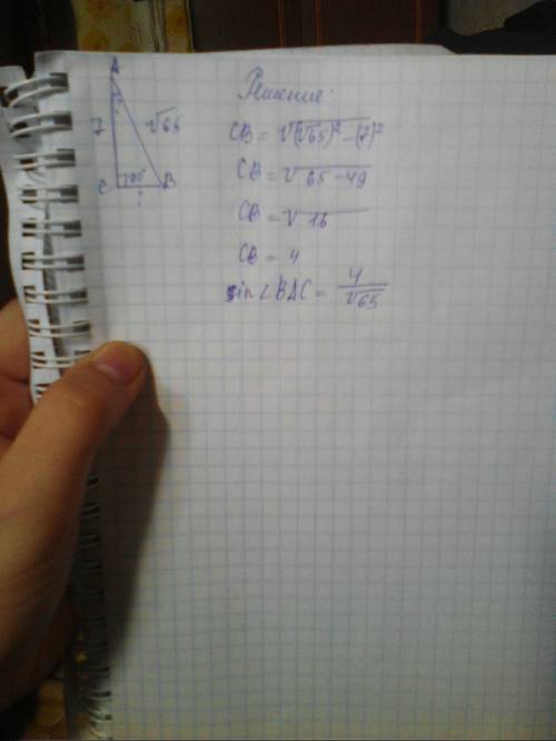 Найдите синус угла bac треугольника abc. угол c=90°; ac=7; ab=v65