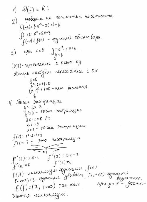 Провести исследование и построить график функции y = x^2 - 2x + 8 1) область определения функции d(f