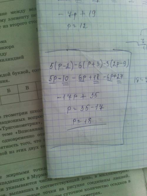 Уравнение, : 5(p-2)-6(p+3)-3(2p-9)