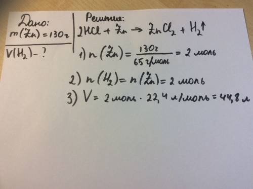 Какой объем водорода н.к выделится при растворении в соляной кислоте 130 гр. цинка
