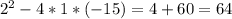 2 ^{2}-4*1*(-15)=4+60=64