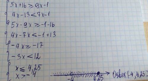 Решите систему не равенств: {5х+16> или равно9х-1{4х-13 < 7х-1