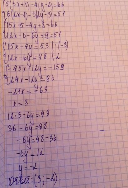 Решить смстему уравнений сложения 5(3x+1)-4(y-2)=66 6(2x-1)-3(2y-3)=51