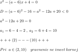 x^2-(a-6)x+4=0\\\\D=(a-6)^2-16=a^2-12a+20\ \textless \ 0\\\\a^2-12a+20=0\\\\a_1=6-4=2\; ,\; a_2=6+4=10\\\\+++(2)---(10)+++\\\\Pri\; \; a\in (2,10)\quad yravnenie \; ne\; imeet\; kornej