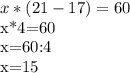 x*(21-17)=60&#10;&#10;x*4=60&#10;&#10;x=60:4&#10;&#10;x=15