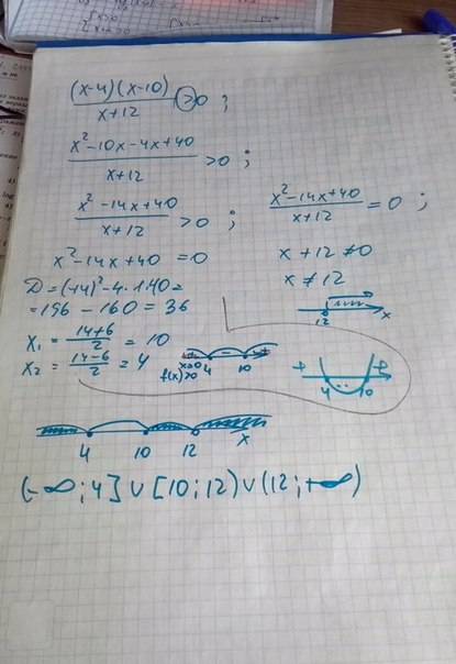 Решите неравенство и параболу начертите (x-4)(x-10)/x+12> 0