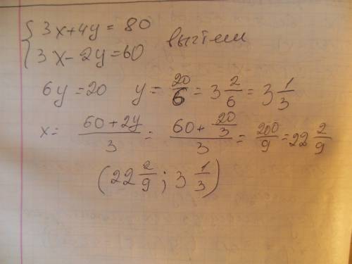 Решите ленейное уравнение 3х+4y=80 3x-2y=60