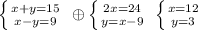 \left \{ {{x+y=15} \atop {x-y=9}} \right. \; \oplus \left \{ {{2x=24} \atop {y=x-9}} \right. \; \left \{ {{x=12} \atop {y=3}} \right.