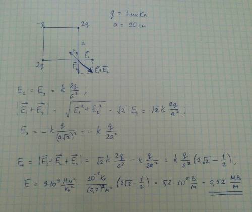 Решить по ! в двух противоположных вершинах квадрата со стороной 20 см находятся заряды по 2 мккл к