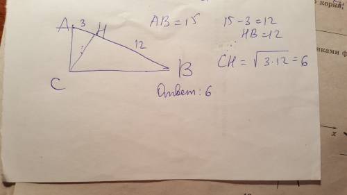 Впрямоугольном треугольнике abc угол c прямой,ch-высота,ab=15,ah=3.найти ch.