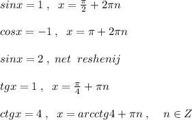 sinx=1\; ,\; \; x=\frac{\pi}{2}+2\pi n\\\\cosx=-1\; ,\; \; x=\pi +2\pi n\\\\sinx=2\; ,\; net\; \; reshenij\\\\tgx=1\; ,\; \; x=\frac{\pi}{4}+\pi n\\\\ctgx=4\; ,\; \; x=arcctg4+\pi n\; ,\; \; \; \; n\in Z