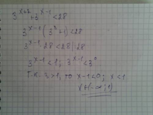 Вскобках степень,показательное неравенство 3[x+2]+3[x-1]< 28