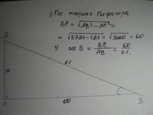 Впрямоугольном треугольнике abc угол c равен 90 градусов ac=11 ab 61 найдите cos b