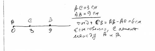 На луче с началом в точке а отмечены точки в и с. найдите отрезок вс, если ав=9 см, ас=3 см. какая и