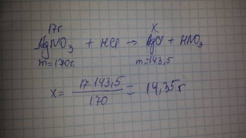 Врезультате взаимодействия ag(1)нитрат массой 17г с хлоридной кислотой выпадает осадок массой: a)12.
