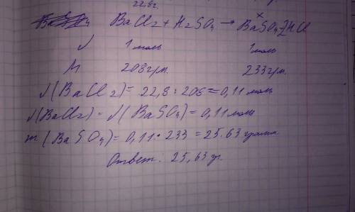 Какая масса сульфата бария образуется при взаимодействии 22,8 г хлорида бария с избытком серной кисл