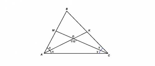Биссектрисы углов а и с треугольника авс пересекаются в точке о.найдите угол аос равен 110 градусов