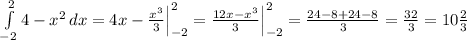 \int\limits^2_{-2} {4-x^2} \, dx =4x- \frac{x^3}{3}\Big|_{-2}^2= \frac{12x-x^3}{3}\Big|_{-2}^2= \frac{24-8+24-8}{3}= \frac{32}{3}=10 \frac{2}{3}