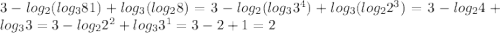 3-log_2(log_381) + log_3(log_28)=3 - log_2(log_33^4) + log_3(log_22^3)=3-log_24+log_33=3-log_22^2+log_33^1=3-2+1=2