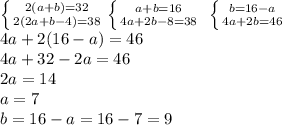 \left \{ {{2(a+b)=32} \atop {2(2a+b-4)=38}} \right. \left \{ {{a+b=16} \atop {4a+2b-8=38}} \right. \ \left \{ {{b=16-a} \atop {4a+2b=46}} \right. \\ &#10;4a+2(16-a)=46 \\ 4a+32-2a=46 \\ 2a=14 \\ a=7 \\ b=16-a=16-7=9